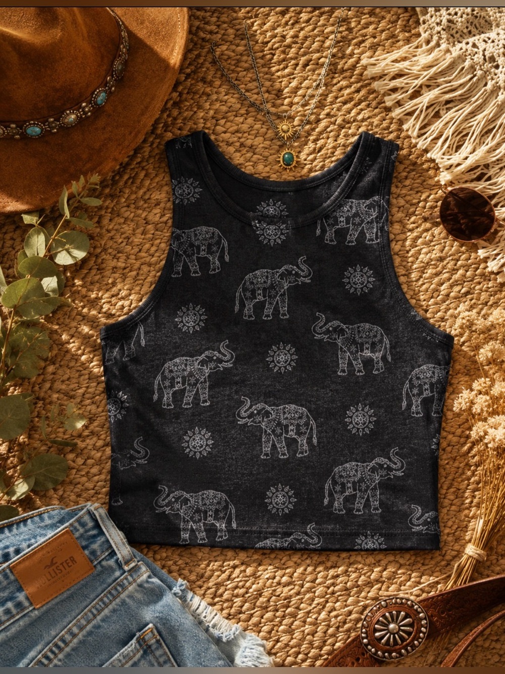 Hollister Elephant Print Cropped Tank Top Small Boho Festival Y2K